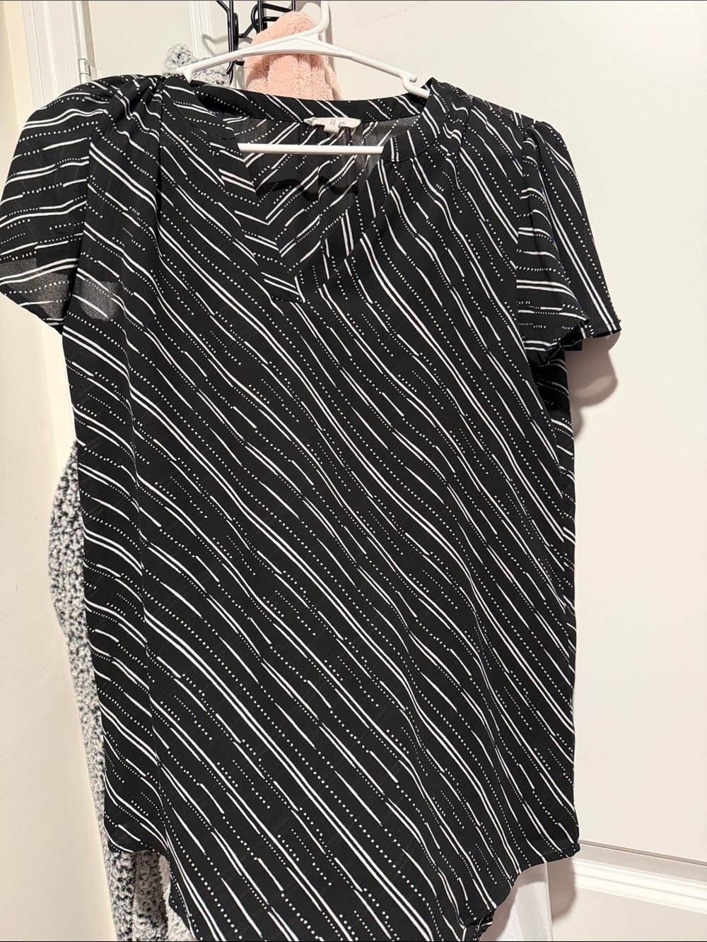 Maurices Black V-Neck Blouse with White Diagonal Dot & Stripe Print